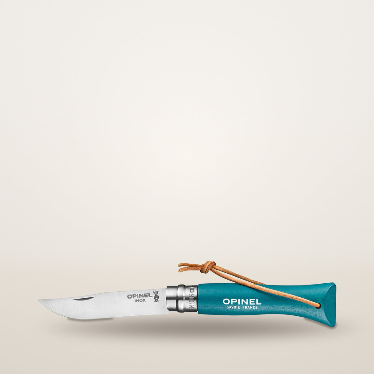Couteau Baroudeur n°6 turquoise avec lien cuir – Opinel
